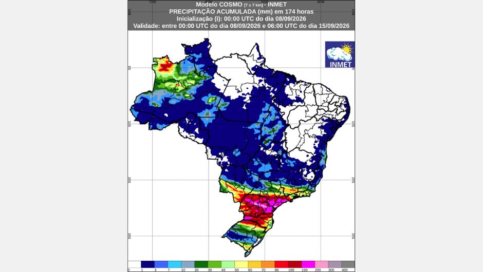 Inmet: previsão do tempo entre os dias 8 a 15 de setembro