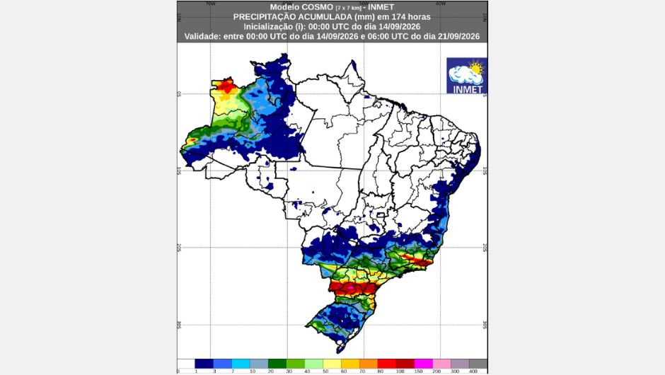 Inmet: previsão do tempo entre os dias 14 e 21 de setembro