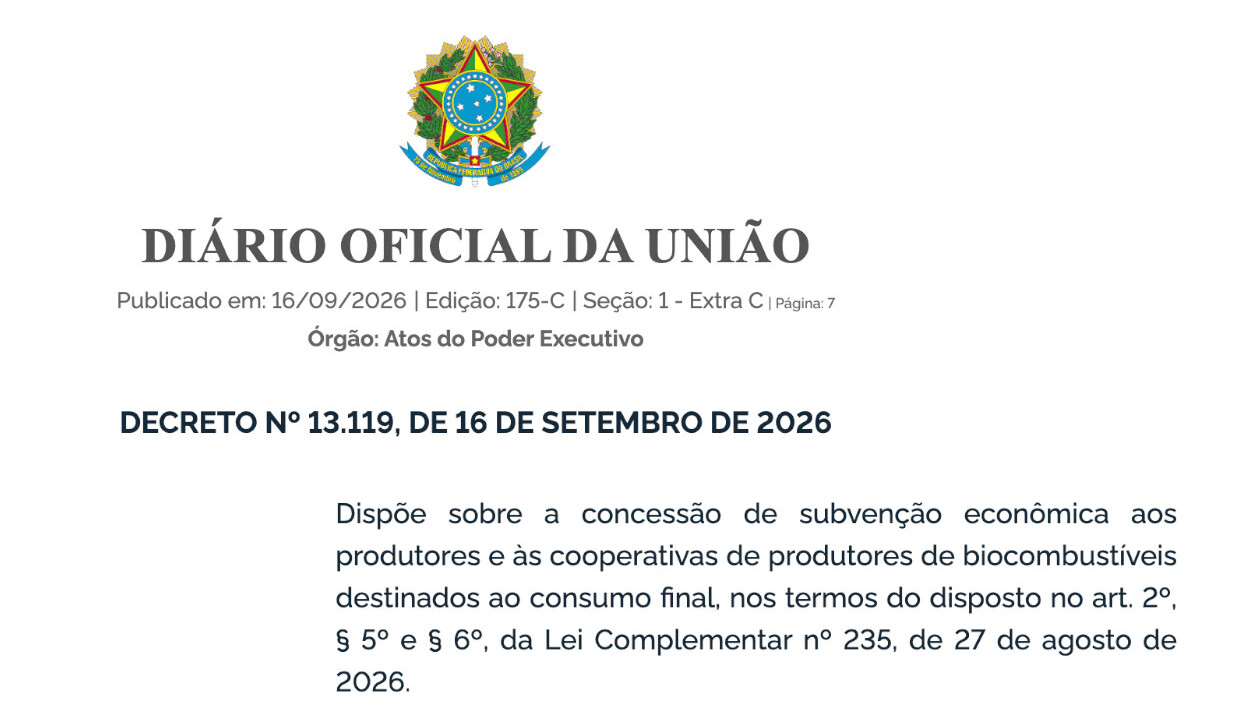Governo Federal cria subvenção de R$ 0,2519 por litro para etanol