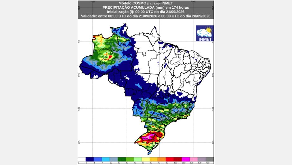 Inmet: previsão do tempo entre os dias 21 a 28 de setembro