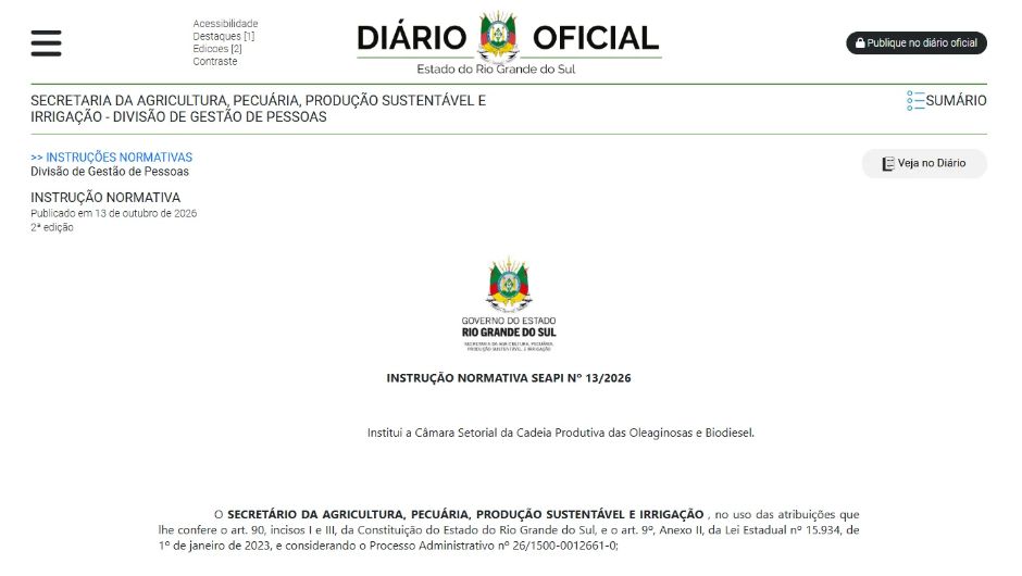 RS institui nova Câmara Setorial das Oleaginosas e Biodiesel