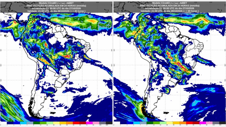 Inmet: previsão do tempo para quarta (28/10) e quinta-feira (29/10)